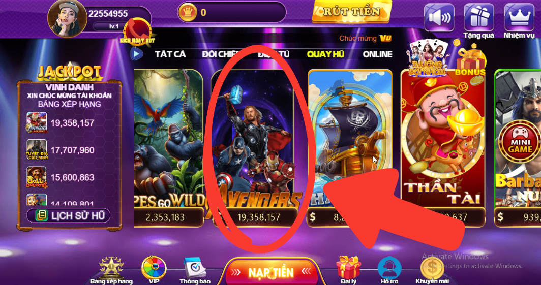 Chọn game Avenger tại mục "Quay Hũ" của 68 Game bài.